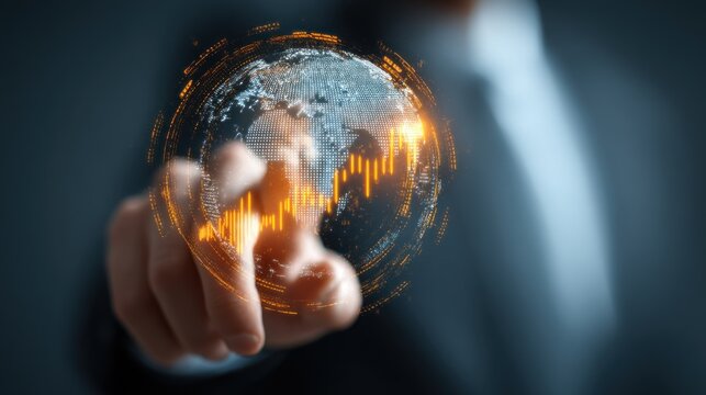 Businessman pointing at global financial data