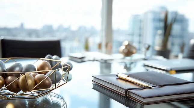 a high-angle shot of a working desk, featuring a decorative basket holding gold and metallic spheres next to a notebook with a pen on a glass surface. The setting appears to be a modern office or busi