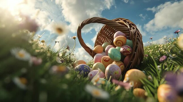 a festive Easter scene, likely featuring AI-generated imagery of a basket of decorated eggs in a blooming meadow.