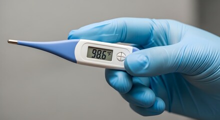 Obraz premium Doctor wearing blue gloves holding digital thermometer displaying 98.6F for patient temperature check