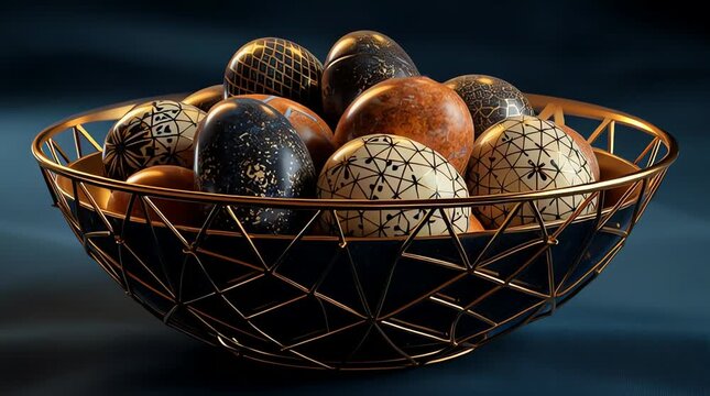 a decorative bowl filled with speckled eggs, likely quail eggs, used as a seasonal decoration. 