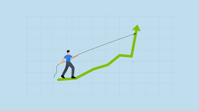 Increase sales or investment profit, 4k animation of Entrepreneur exerting maximum effort to boost performance graph upward