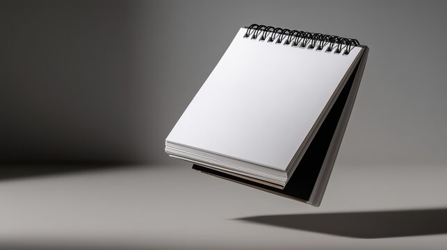 Carnet &agrave; spirale ouvert avec pages blanches pos&eacute; sur surface claire