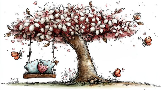 Arbre fleuri avec balan&ccedil;oire et papillons dans un style romantique