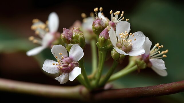 fleurs blanches aux &eacute;tamines dor&eacute;es s'&eacute;panouissant sur branche