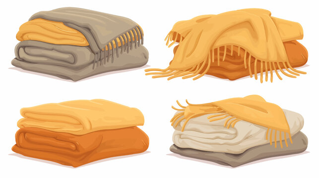 Four stacks of folded blankets and throws with tassels, neutral colors