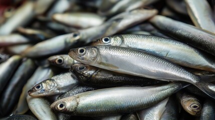 Obraz premium Poissons frais argentés empilés au marché avec leurs écailles brillantes
