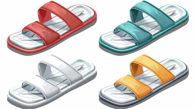 Four pairs of colorful sandals, each with two straps, arranged on a white background