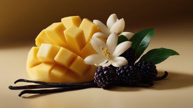 Mangue d&eacute;coup&eacute;e avec fleur blanche, baies et gousses de vanille