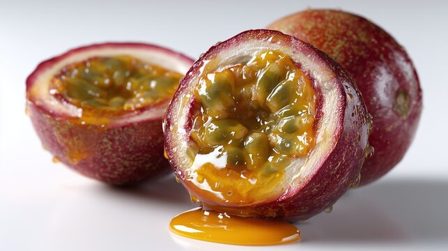 Fruits de la passion coup&eacute;s en deux r&eacute;v&eacute;lant leur pulpe g&eacute;latineuse