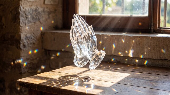 A million tiny crystals released into the sky concept. A crystal sculpture of praying hands illuminated by sunlight.