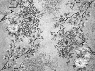 Vintage Monochrome Wall Mural with Chickadee Birds and Detailed Floral Sketches on Distressed Concrete Texture © MonTeArt