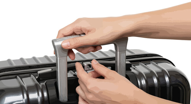 Person hands assembling telescoping handle on black suitcase
