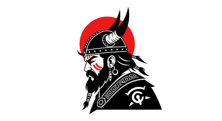 A fierce warrior wearing a horned helmet stands boldly against a red sun. © Byone