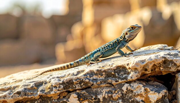 Desert Agama Lizard basking on a rock in the sun.