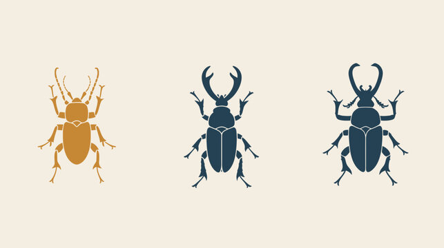Three different beetle silhouettes in gold and blue are displayed on a light tan background