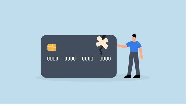 Credit repair, 4k animation of Confident businessman stands with credit card fixed and repaired wrapped in bandage