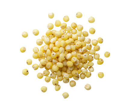 Pile of millet groats cut out on a white background. Top view