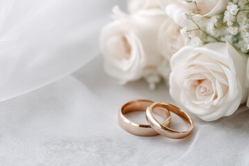 Classic simple gold wedding rings with white roses and flowers, bride veil background with copy space for text, elegant wedding invitation