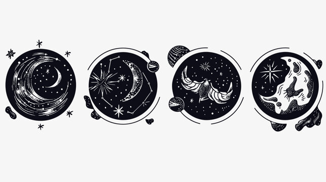 Four celestial orbs display a night scene with stars, crescent moons, and flying birds