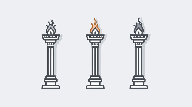 Three stylized torches atop columns, flames differ in color, set on a pale background
