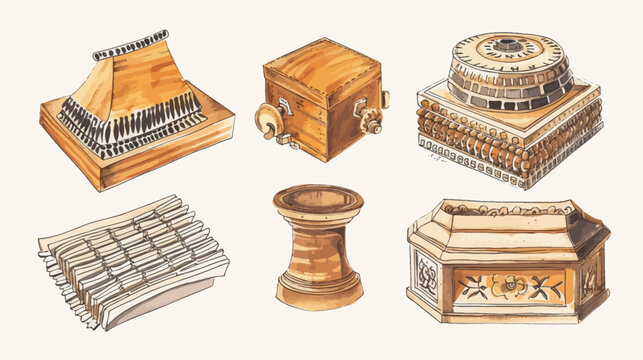 Six antique, wooden objects are arranged on a cream background in an illustrative style
