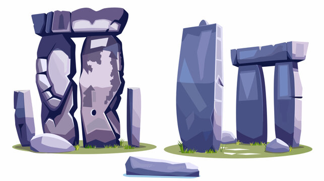 Cartoon drawing of stylized, angular Stonehenge stones and green grass patches