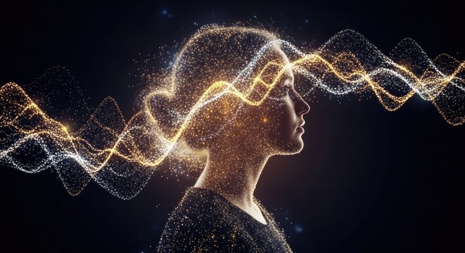 A woman's silhouette with glowing, abstract waves emerging from her head.