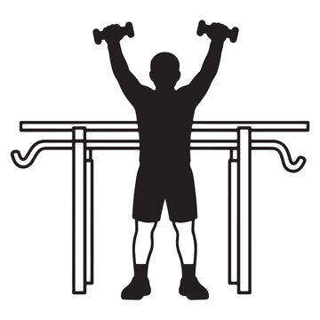 Man doing exercise with dumbbells in front of parallel bars
