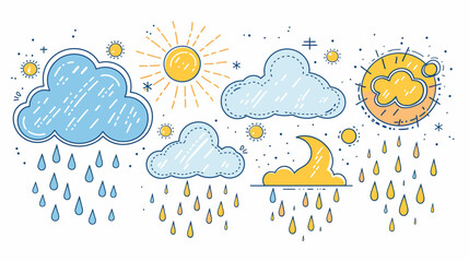 Obraz premium Cartoon-style drawing of clouds, sun, moon, stars, and rain, in blue and yellow