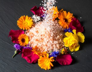Fototapeta premium Himalayan pink salt pile with colorful edible flowers on dark stone background, spa and wellness concept.