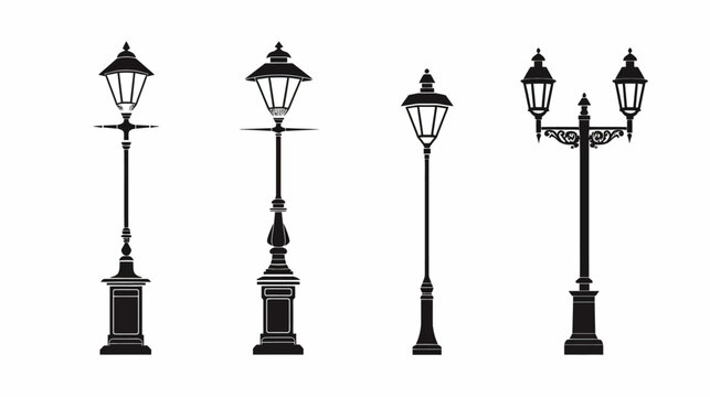 Four detailed black silhouettes of vintage-style lampposts on a plain white background
