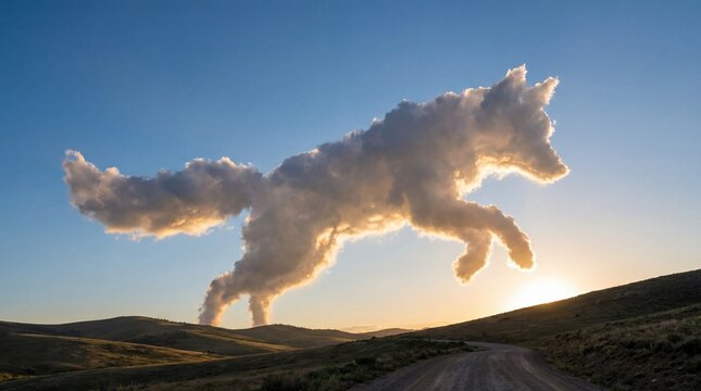 Purple powder explosion forming abstract vibrant pattern concept. A playful cloud in the shape of a running wolf at sunset.
