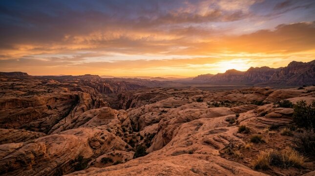 Stunning Sunset Over Rocky Canyon Landscape with Dramatic Sky and Vibrant Colors