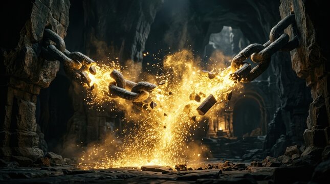 Shattered Chains in an Ancient Cave with Sparks and Dust Illuminated by Dramatic Light