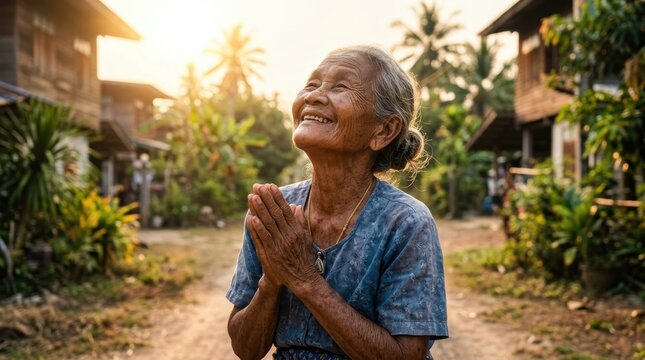 Joyful elderly woman expressing gratitude with hands in prayer pose against a serene sunset in a rural village setting