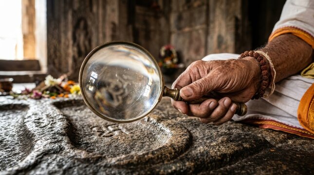 Hand of a Person Holding a Magnifying Glass Over Ancient Stone Engravings in a Sacred Place of Worship