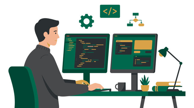 Professional software developer working on dual monitors with coding symbols, concept for programming education, web development project and digital innovation