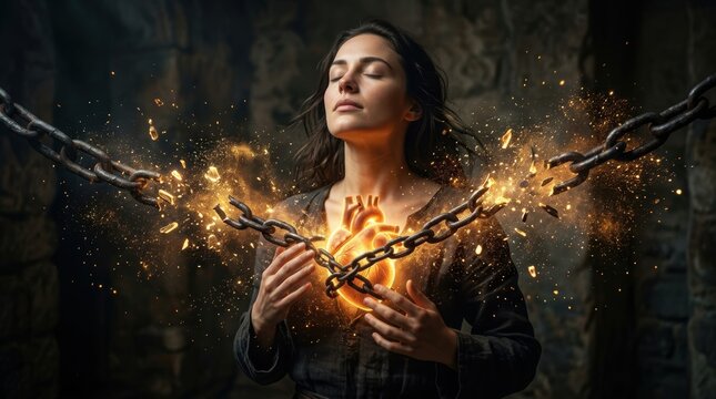 Woman Breaking Chains with Heart Surrounded by Sparks and Light in a Dark, Mysterious Setting