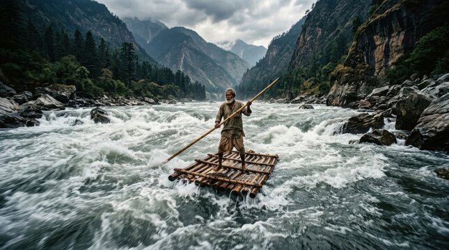 Man navigating rough river waters on a bamboo raft surrounded by dramatic mountains and lush forests in a remote landscape
