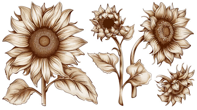 Four sepia toned sunflowers in various stages of bloom and angle, on a white backdrop
