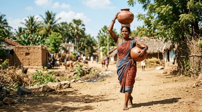 Woman Balancing Water Pots on Head Walking Through Rural Village Pathway Under Blue Sky