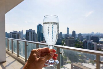 Naklejka premium A hand holds a glass of champagne with a city skyline view. It’s a balcony overlooking downtown Toronto.