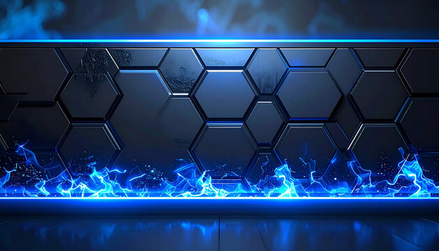 Dark metallic hexagonal grid with glowing blue electric fire and smoke