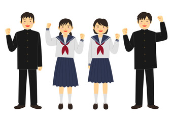 Fototapeta premium ガッツポーズをして喜ぶ制服を着て男女の生徒のイラストのセット