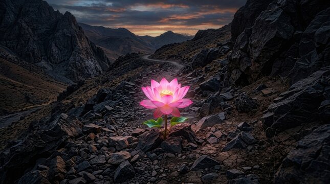 Majestic Pink Lotus Flower Blooms Amid Rugged Mountain Landscape at Dawn with Dramatic Sky and Rocky Terrain