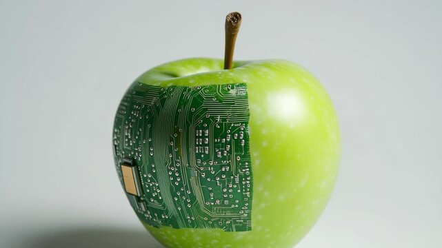 Green apple with integrated circuit board symbolizing technology and nature fusion