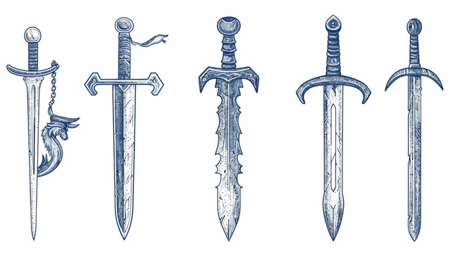 Five medieval swords with varying designs, hilts, and blade shapes, in blue watercolor
