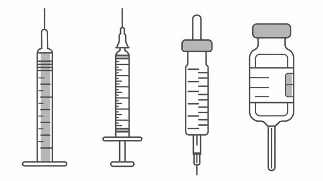 Four stylized syringes and vial in a row, in shades of grey on a white background