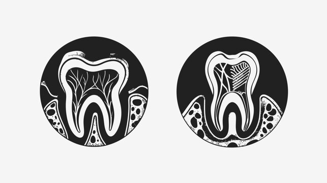 Black/white graphic features two dental cross-sections inside circles, anatomical and simplified
